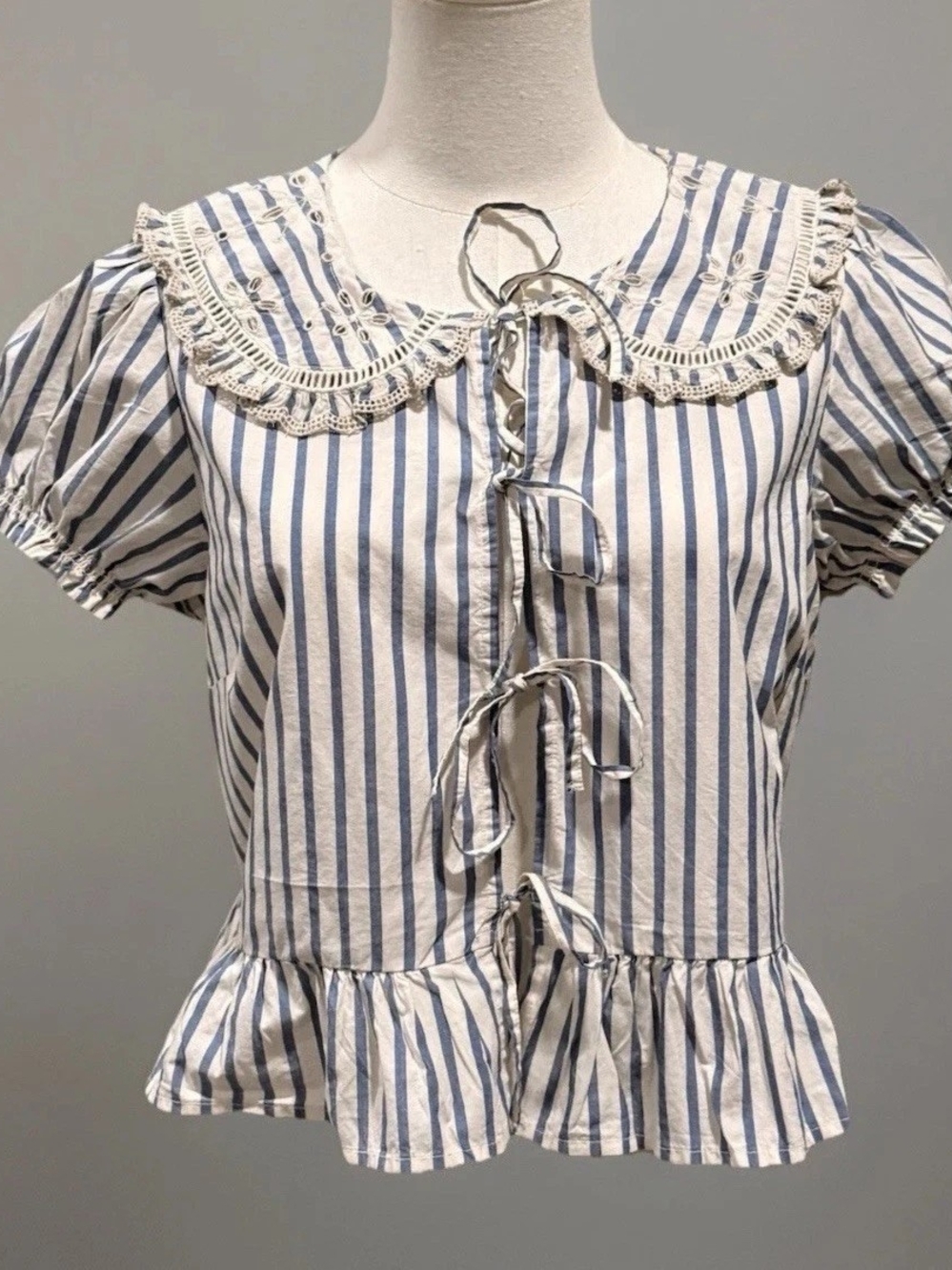 American Eagle Outfitters Blue & White Striped Tie-Front Lace Collar Top
